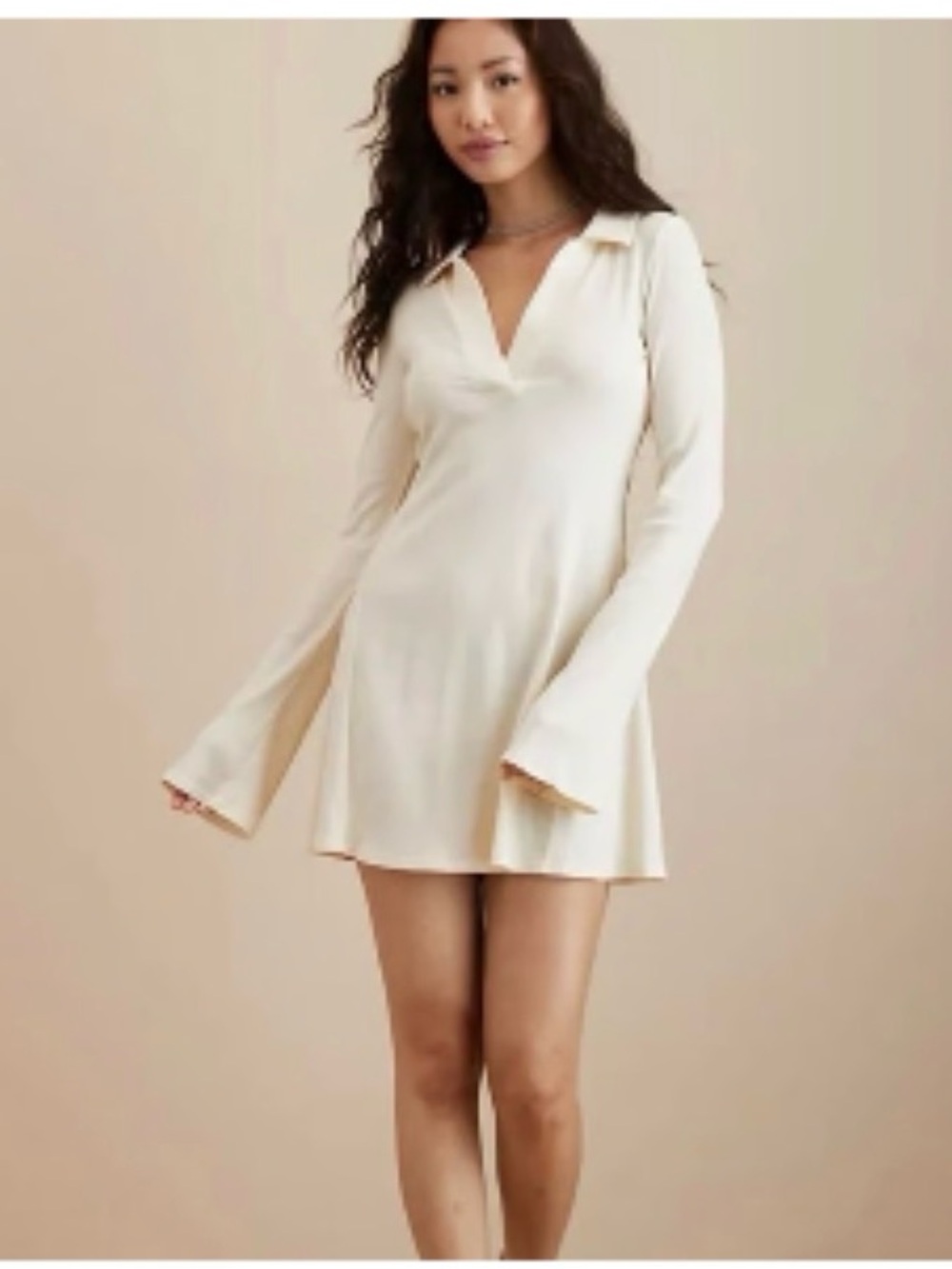 American Eagle Outfitters Cream Ribbed Long-Sleeve Mini Dress